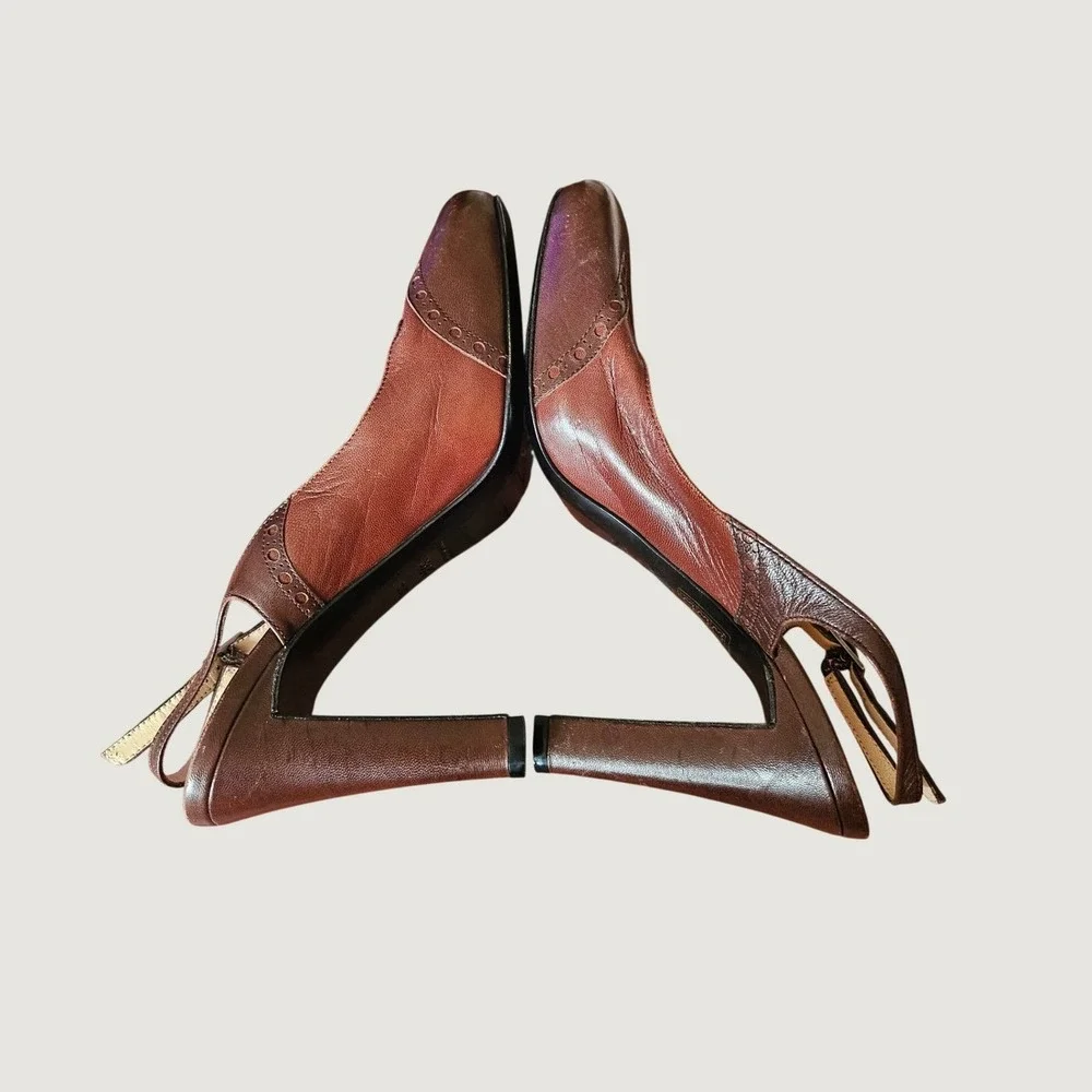 Giorgio Armani Vintage Slingback Heels Brown 38.5 US 8.5 Leather Wingtip Brogue